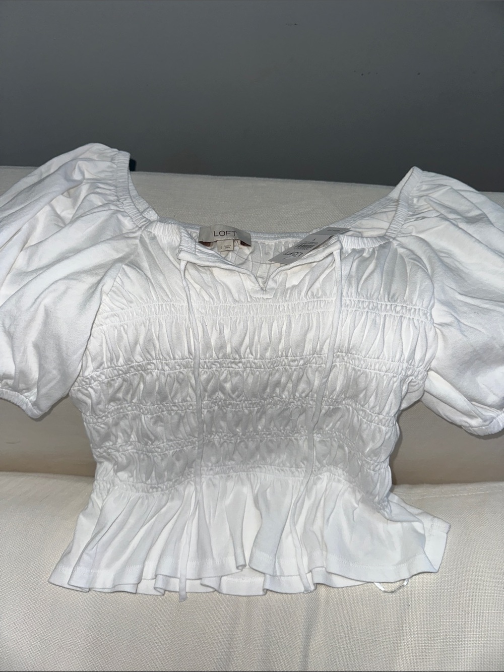 LOFT White Smocked Peplum Puff Sleeve Top